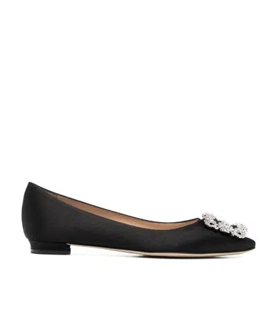 Manolo Blahnik Square Buckle Flat Shoes With Diamond Ornaments In Black