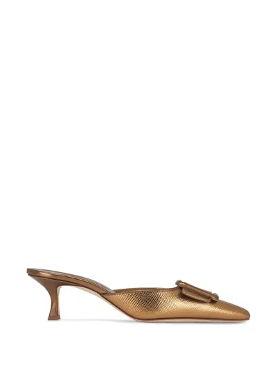 Manolo Blahnik Maysale Buckle Lizard Embossed Metallic Pointed Toe Kitten Heel Mule In Gold