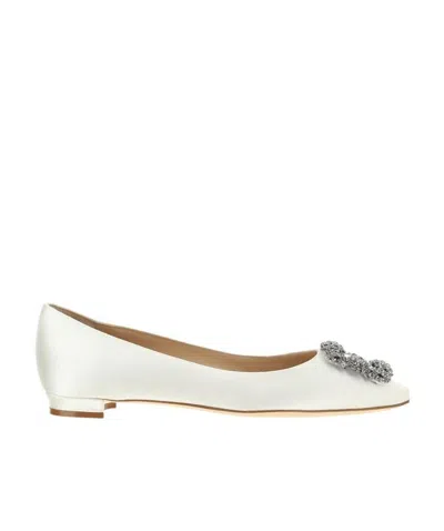 Manolo Blahnik Square Button Ballet Shoes In White