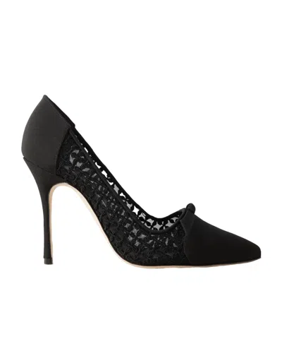 Manolo Blahnik Riniala 105 Bow-embellished Embroidered Mesh And Crepe De Chine Pumps In Black
