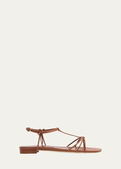 Manolo Blahnik Strappy Leather T-strap Flat Sandals In Brown