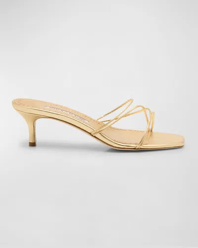 Manolo Blahnik Strappy Metallic Leather Slide Sandals In Gold