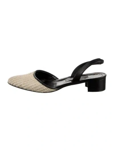 Pre-owned Manolo Blahnik Straw Slingback Flats In Black