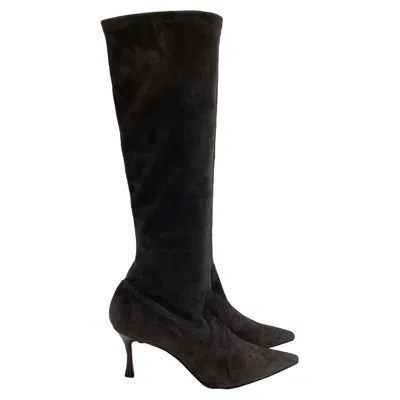 MANOLO BLAHNIK STRETCH HIGH HEEL BOOTS IN GREY SUEDE