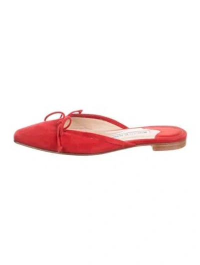 Pre-owned Manolo Blahnik Suede Bow Accents Flats In Red