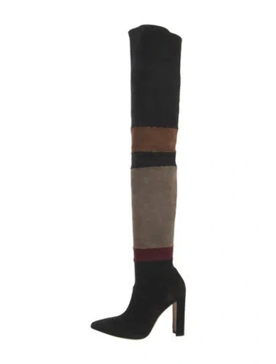 Pre-owned Manolo Blahnik Suede Colorblock Pattern Boots In Black