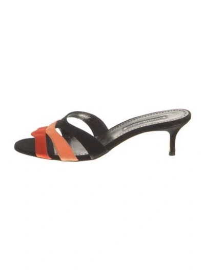 Pre-owned Manolo Blahnik Suede Colorblock Pattern Slides In Black