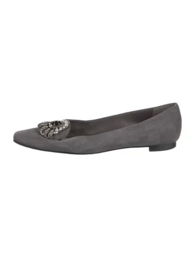 Pre-owned Manolo Blahnik Suede Crystal Embellishments Flats In Gray