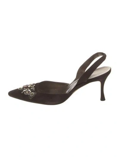 Pre-owned Manolo Blahnik Suede Crystal Embellishments Slingback Pumps In Brown