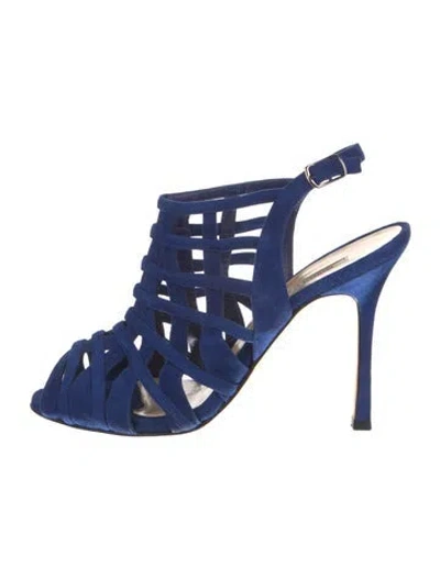 Pre-owned Manolo Blahnik Suede Cutout Accent Slingback Pumps In Blue