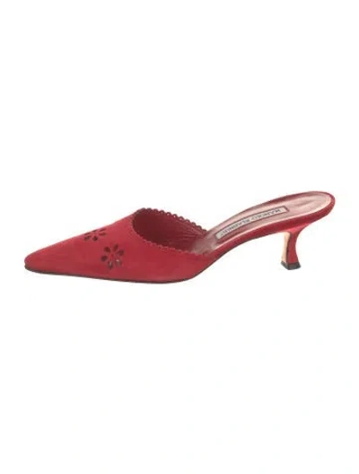 Pre-owned Manolo Blahnik Suede Embroidered Accent Mules In Red