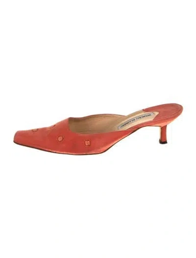 Pre-owned Manolo Blahnik Suede Embroidered Accent Mules In Orange