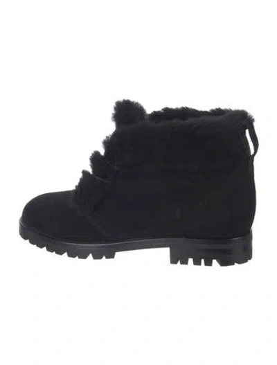 Pre-owned Manolo Blahnik Suede Faux Fur Trim Boots In Black