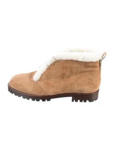 Pre-owned Manolo Blahnik Suede Faux Fur Trim Boots In Neutrals