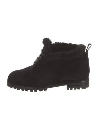 Pre-owned Manolo Blahnik Suede Faux Fur Trim Lace-up Boots In Black