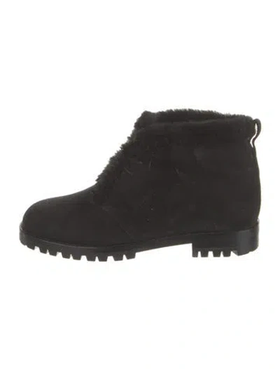 Pre-owned Manolo Blahnik Suede Faux Fur Trim Snow Boots In Black
