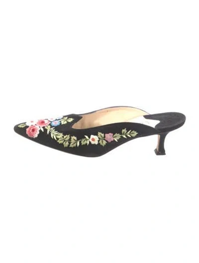 Pre-owned Manolo Blahnik Suede Floral Print Mules In Black