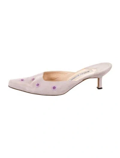 Pre-owned Manolo Blahnik Suede Floral Print Mules In Pink