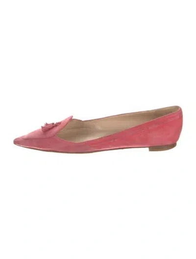 Pre-owned Manolo Blahnik Suede Fringe Trim Accent Ballet Flats In Pink