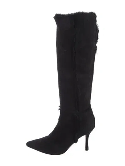 Pre-owned Manolo Blahnik Suede Fur Trim Boots In Black