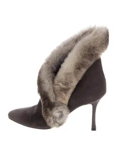 Pre-owned Manolo Blahnik Suede Fur Trim Boots In Gray