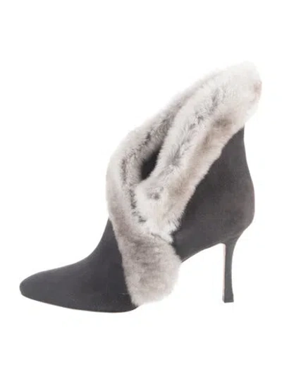 Pre-owned Manolo Blahnik Suede Fur Trim Boots In Gray