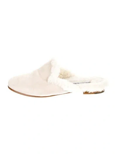 Pre-owned Manolo Blahnik Suede Fur Trim Mules In Gray