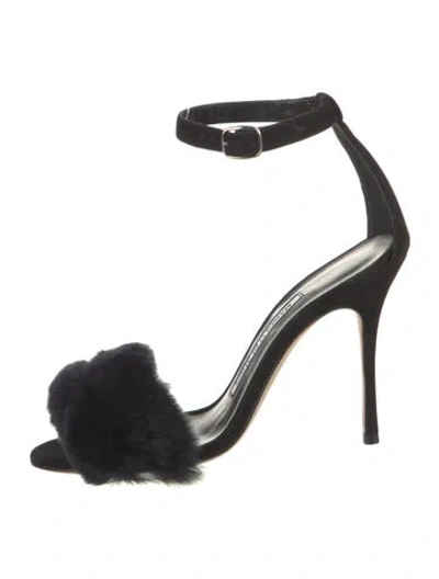 Pre-owned Manolo Blahnik Suede Fur Trim Sandals In Black