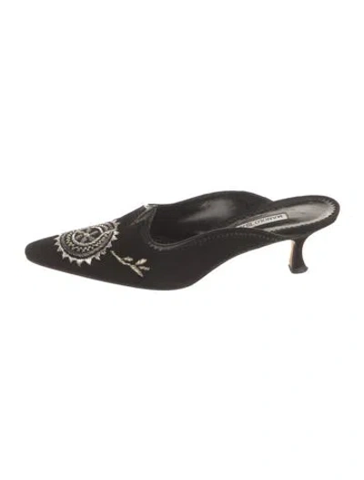 Pre-owned Manolo Blahnik Suede Graphic Print Mules In Black