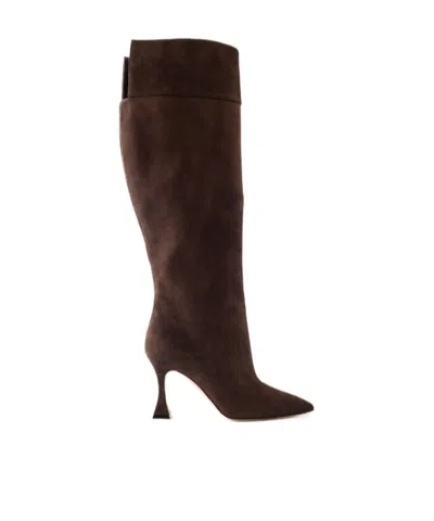 Manolo Blahnik Suede Knee Boots In Brown