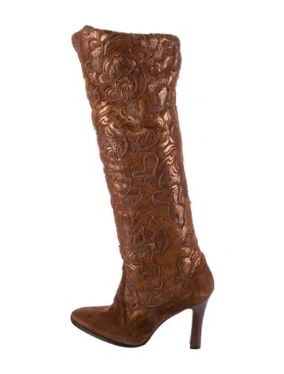 Pre-owned Manolo Blahnik Suede Lace Pattern Boots In Brown