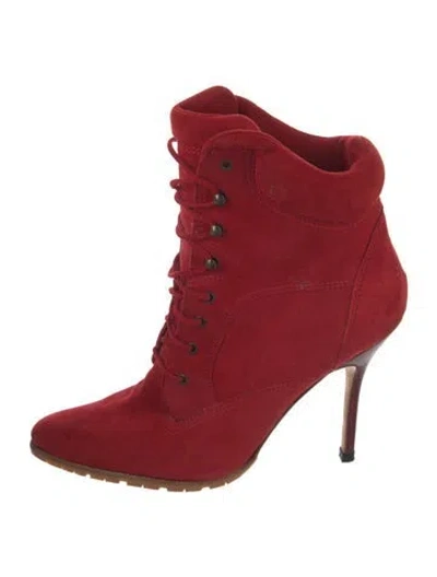 Pre-owned Manolo Blahnik Suede Lace-up Boots In Red