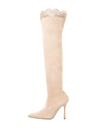 Pre-owned Manolo Blahnik Suede Lasercut Accents Boots In Neutrals