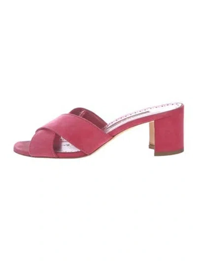 Pre-owned Manolo Blahnik Suede Lasercut Accents Slides In Pink