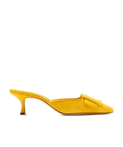 Manolo Blahnik Suede Leather Muller Mid-heeled Shoes In Yellow