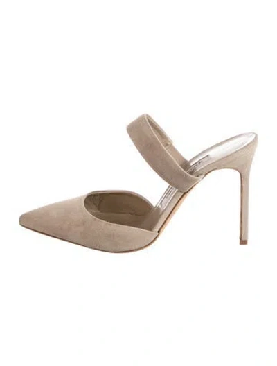 Pre-owned Manolo Blahnik Suede Leather Trim Embellishment Mules In Neutral