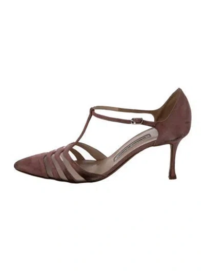 Pre-owned Manolo Blahnik Suede Mesh Accents T-strap Pumps In Brown