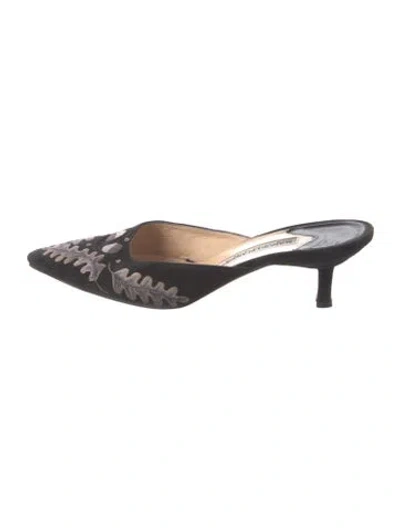 Pre-owned Manolo Blahnik Suede Patterned Mules In Black