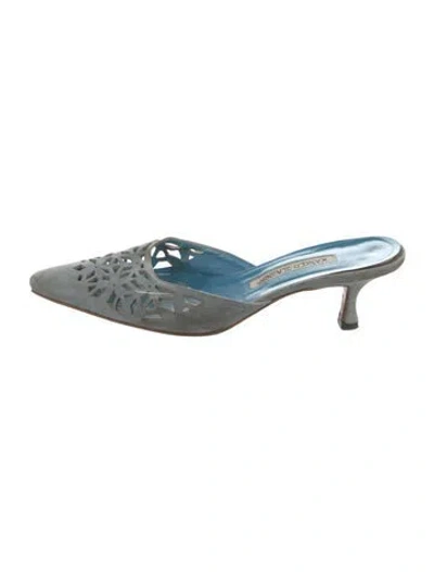 Pre-owned Manolo Blahnik Suede Patterned Mules In Blue