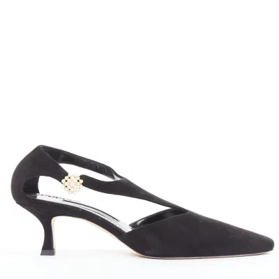 Manolo Blahnik Suede Pearl Kitten Heels In Black
