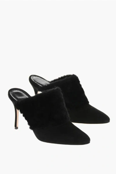 MANOLO BLAHNIK SUEDE PELOS MULES WITH ECO-FUR DETAIL 10CM