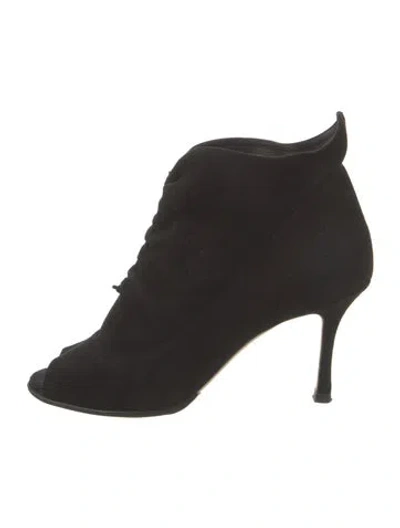 Pre-owned Manolo Blahnik Suede Pleated Accents Lace-up Boots In Black