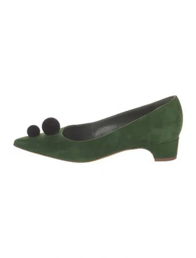 Pre-owned Manolo Blahnik Suede Pom-pom Embellishments Pumps In Green
