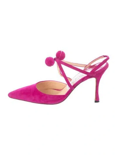 Pre-owned Manolo Blahnik Suede Pom-pom Embellishments Slingback Pumps In Purple