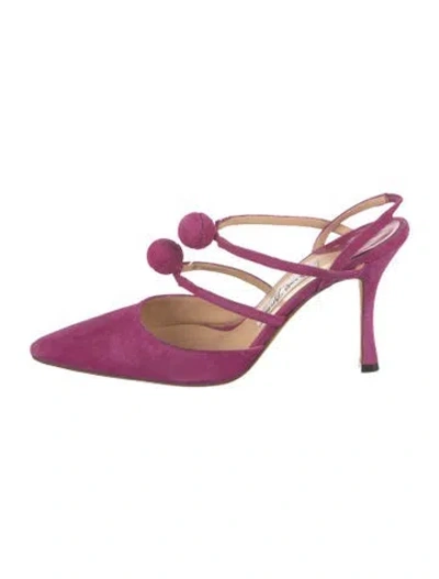 Pre-owned Manolo Blahnik Suede Pom-pom Embellishments Slingback Pumps In Purple