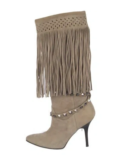 Pre-owned Manolo Blahnik Suede Studded Accents Slouch Boots In Neutrals