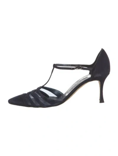 Pre-owned Manolo Blahnik Suede T-strap Pumps In Blue