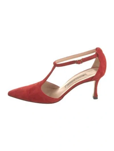 Pre-owned Manolo Blahnik Suede T-strap Pumps In Red