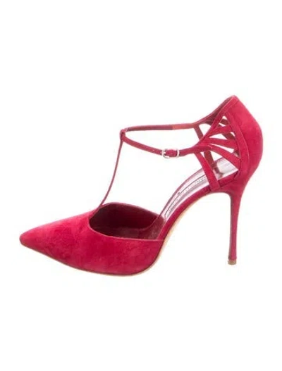 Pre-owned Manolo Blahnik Suede T-strap Pumps In Red