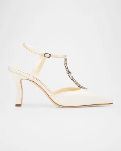 Manolo Blahnik Sufik Embellished Satin T-strap Pumps In White